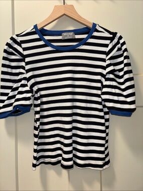 Masseys Black & White Striped Short Sleeve Top with Blue Trim